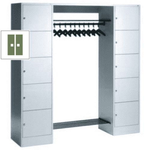Garderobenanlage, Offene Garderobe mit Spindschrank, 10 Fächer, links/rechts, Korpus lichtgrau, Türfarbe enzianblau, 1.950 x 1.870 x 480 mm (HxBxT)