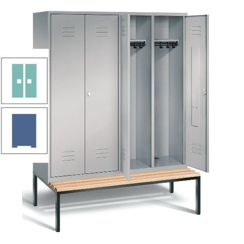 Doppel-Spindschrank, Buche Sitzbank untergebaut, 4 Abteile a 400 mm, Korpus lichtgrau, Tür anthrazitgrau, 2.090 x 1.590 x 815 mm (HxBxT)