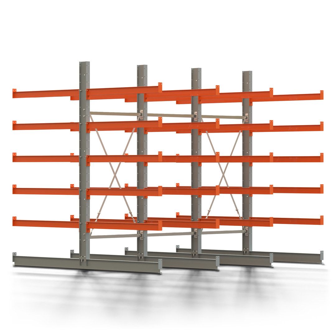 Doppelseitiges Kragarmregal, 2 Felder, 2.500 x 2.000 x 1.120 mm (HxBxT), Nutztiefe 500 mm, Kragarmlast 870 kg, KARL basic, silbergrau/reinorange