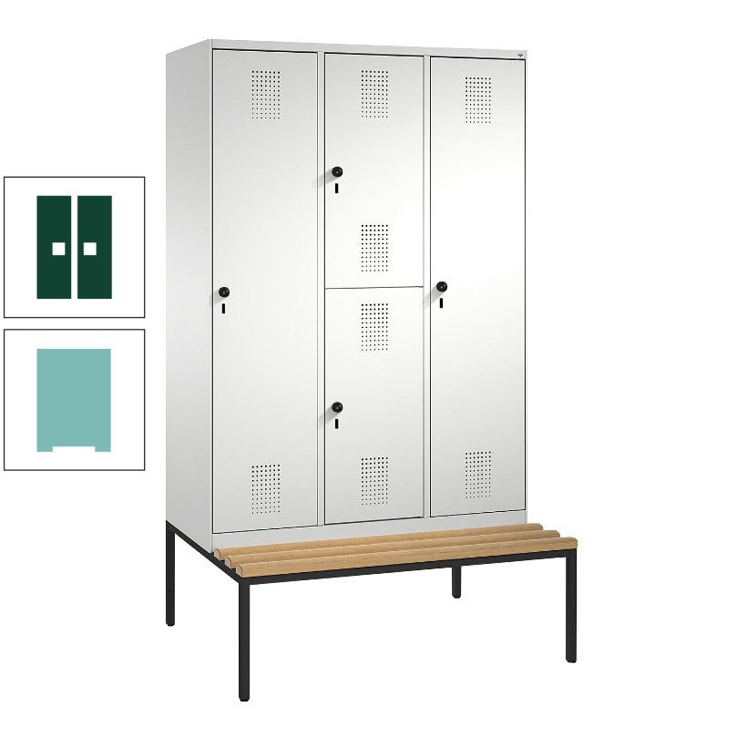 Garderobenschrank, Spind ein- und doppelstöckig Sitzbank, 3 Abteile, 4 Fächer, 2.090x1.200x500 mm (HxBxT), Front anthrazitgrau, Korpus anthrazitgrau