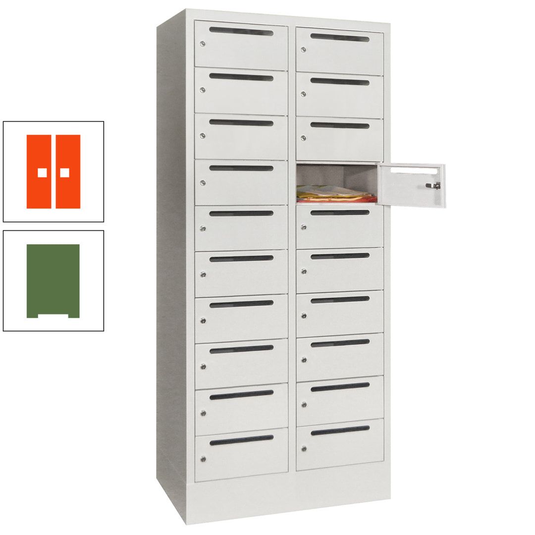 Postverteilerschrank, Schließfachschrank, 2 Abteile a 400 mm, 20 Fächer, 1.850 x 800 x 500 mm (HxBxT), Korpus anthrazitgrau, Front anthrazitgrau