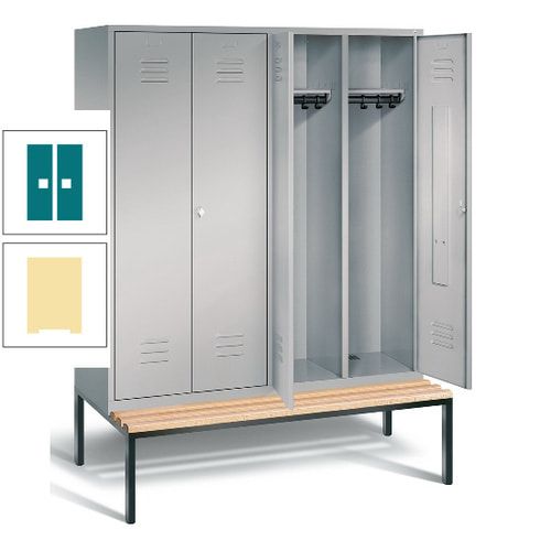 Doppel-Spindschrank, Buche Sitzbank untergebaut, 4 Abteile a 400 mm, Korpus lichtgrau, Tür anthrazitgrau, 2.090 x 1.590 x 815 mm (HxBxT)
