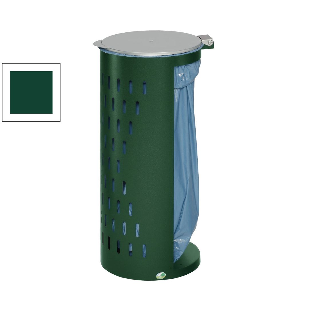 Müllsackhalter - mit Klapptür - gelochter Korpus - rund - Volumen 80 l - 850 x 380 x 440 mm (HxBxT) - Antik silber