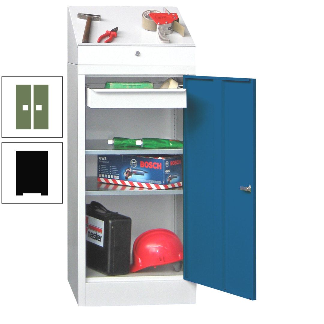 Stehpult mit Schrank - Vollblechtür - 1 Einlegeboden, 1 Ausziehboden, 1 Schublade - 1.270x500x500 mm (HxBxT) - anthrazitgrau