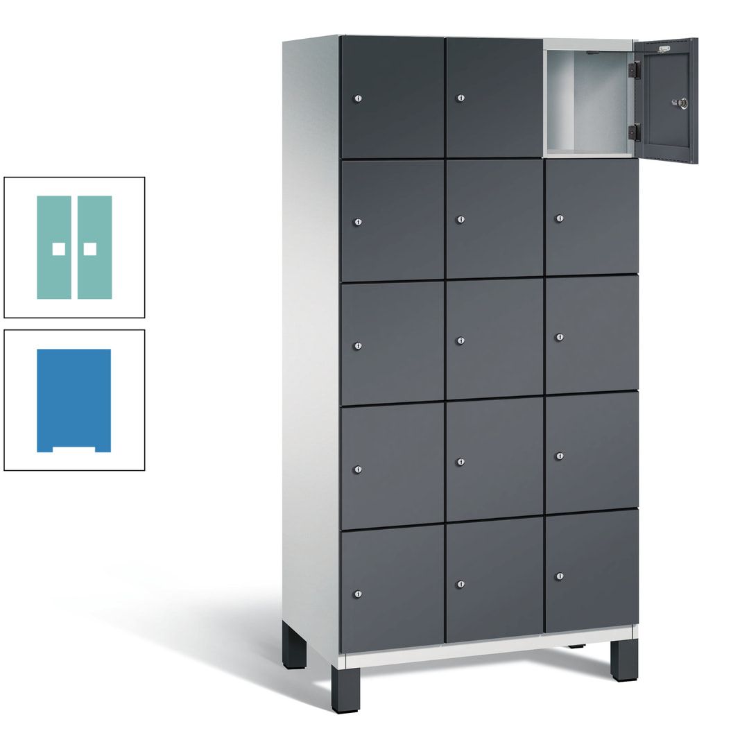 Fächerschrank, Stahlschrank, 15 Fächer, Türöffnungsbegrenzer, Füße, 1.980 x 900 x 525 mm (HxBxT), Korpus anthrazitgrau, Front anthrazitgrau