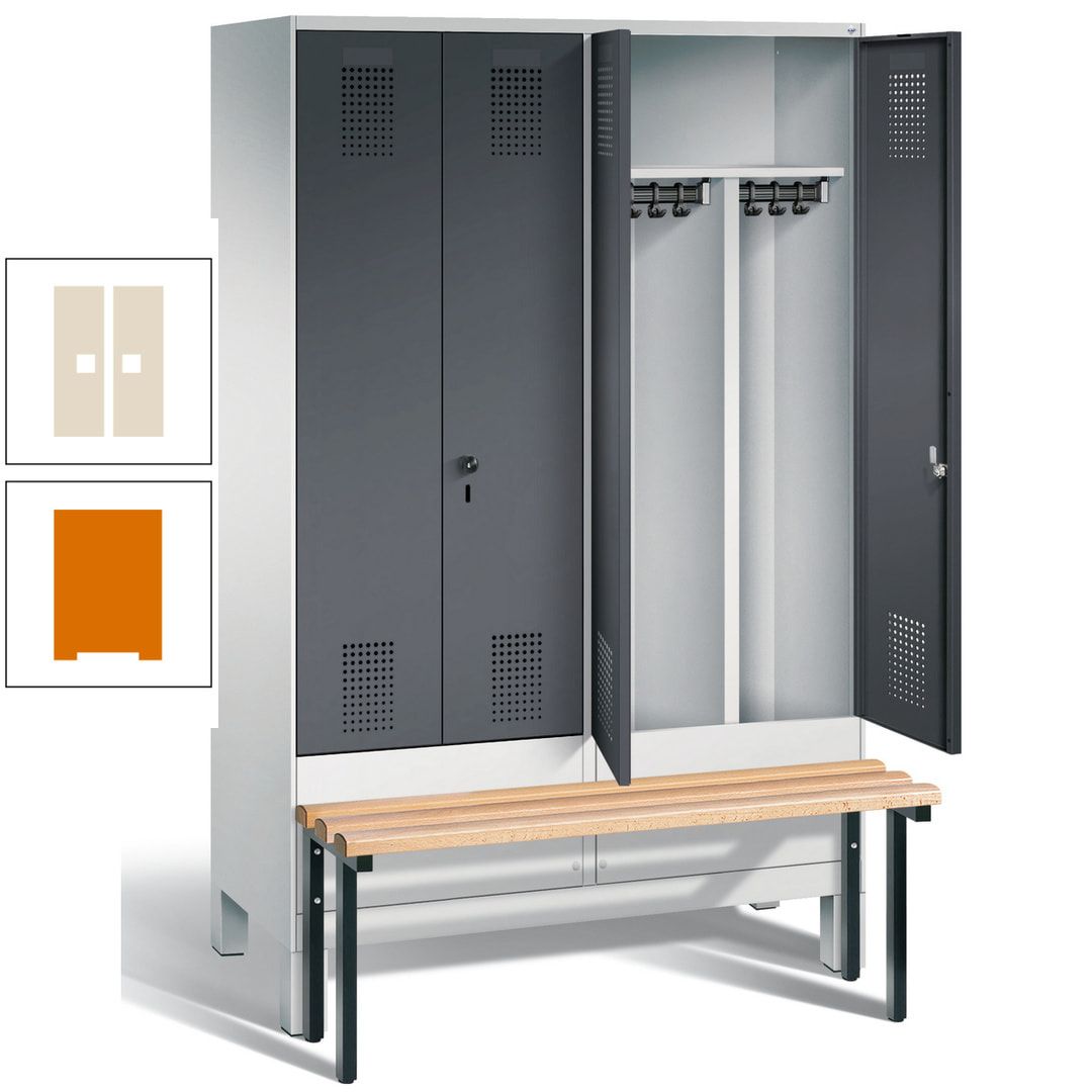 Doppel-Spind, Garderobenschrank, Buche Sitzbank vorgebaut, 4 Abteile a 300 mm, Korpus feuerrot, Tür Wasserblau, 1.850 x 1.200 x 815 mm (HxBxT)