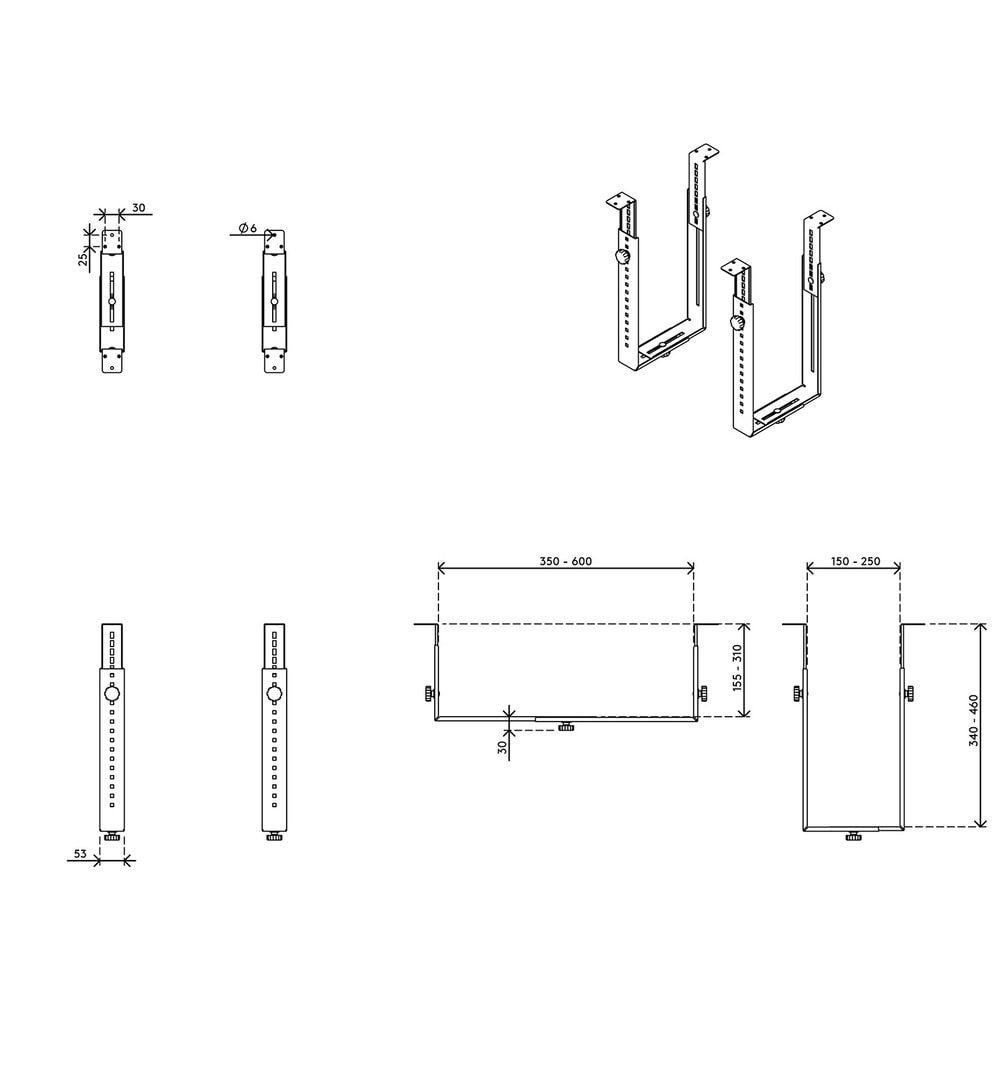 Computerhalterung - Computergehäuse-Halterung - verstellbar - schwarz - Stahl - max. 250 x 460 mm (BxH) vertikal - max. 600 x 310 mm (BxH) horizontal