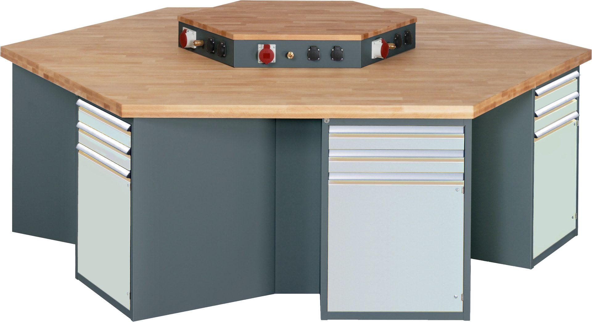 Gruppenwerkbank, Buche, Höhe 840 mm, mit Energieaufsatz, Unterbau-Container, 2 Schubladen, 1 Tür, 1 Boden - Anthrazitgrau