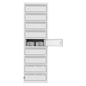 Akkuschrank, Batterieladeschrank, 9 Fächer, Zylinderschloss, verzinkt, IP21, Überstromsicherung, stehend, 1.325 x 400 x 550 mm (HxBxT), Farben wählbar
