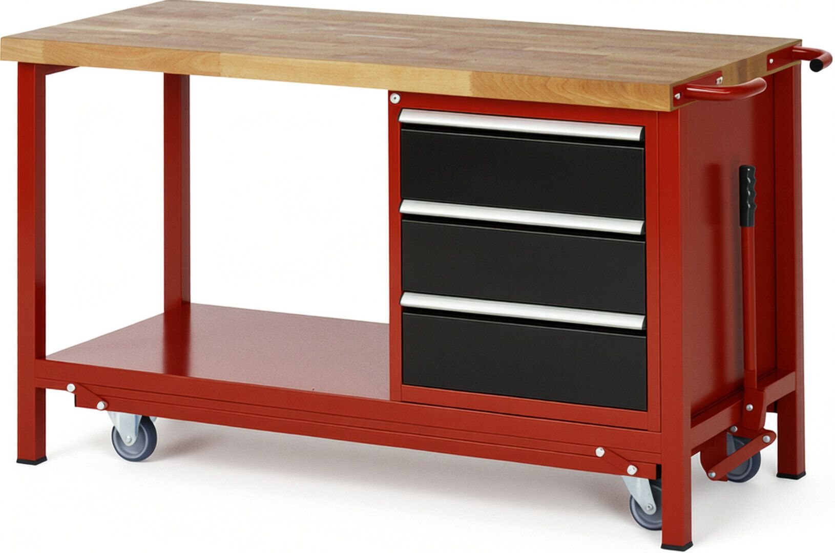 Mobile absenkbare Werkbank mit 3 Schubladen - Teilauszug - 180:3 - 880 x 1.500 x 700 mm (HxBxT) - 1,25 t - Buche - Anthrazitgrau