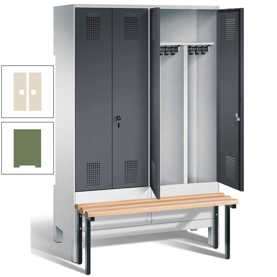Doppel-Spind, Garderobenschrank, Buche Sitzbank vorgebaut, 4 Abteile a 300 mm, Korpus feuerrot, Tür Wasserblau, 1.850 x 1.200 x 815 mm (HxBxT)