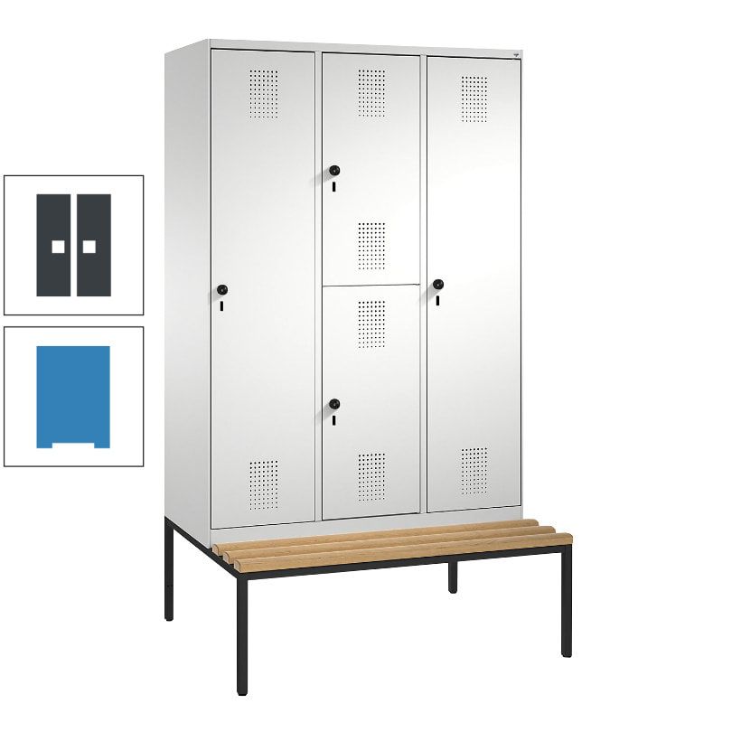 Garderobenschrank, Spind ein- und doppelstöckig Sitzbank, 3 Abteile, 4 Fächer, 2.090x1.200x500 mm (HxBxT), Front anthrazitgrau, Korpus anthrazitgrau