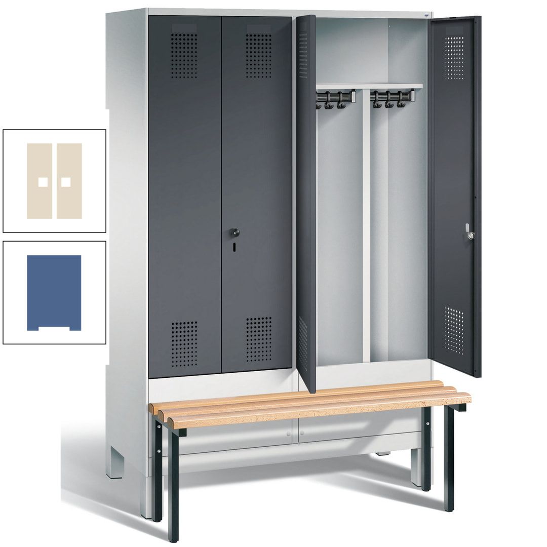 Doppel-Spind, Garderobenschrank, Buche Sitzbank vorgebaut, 4 Abteile a 300 mm, Korpus feuerrot, Tür Wasserblau, 1.850 x 1.200 x 815 mm (HxBxT)