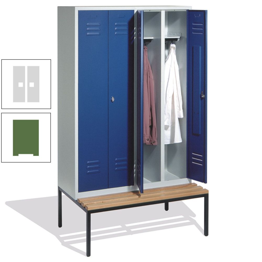 Doppel-Spindschrank, Buche Sitzbank untergebaut, 4 Abteile a 300 mm, Korpus lichtgrau, Tür anthrazitgrau, 2.090 x 1.190 x 815 mm (HxBxT)