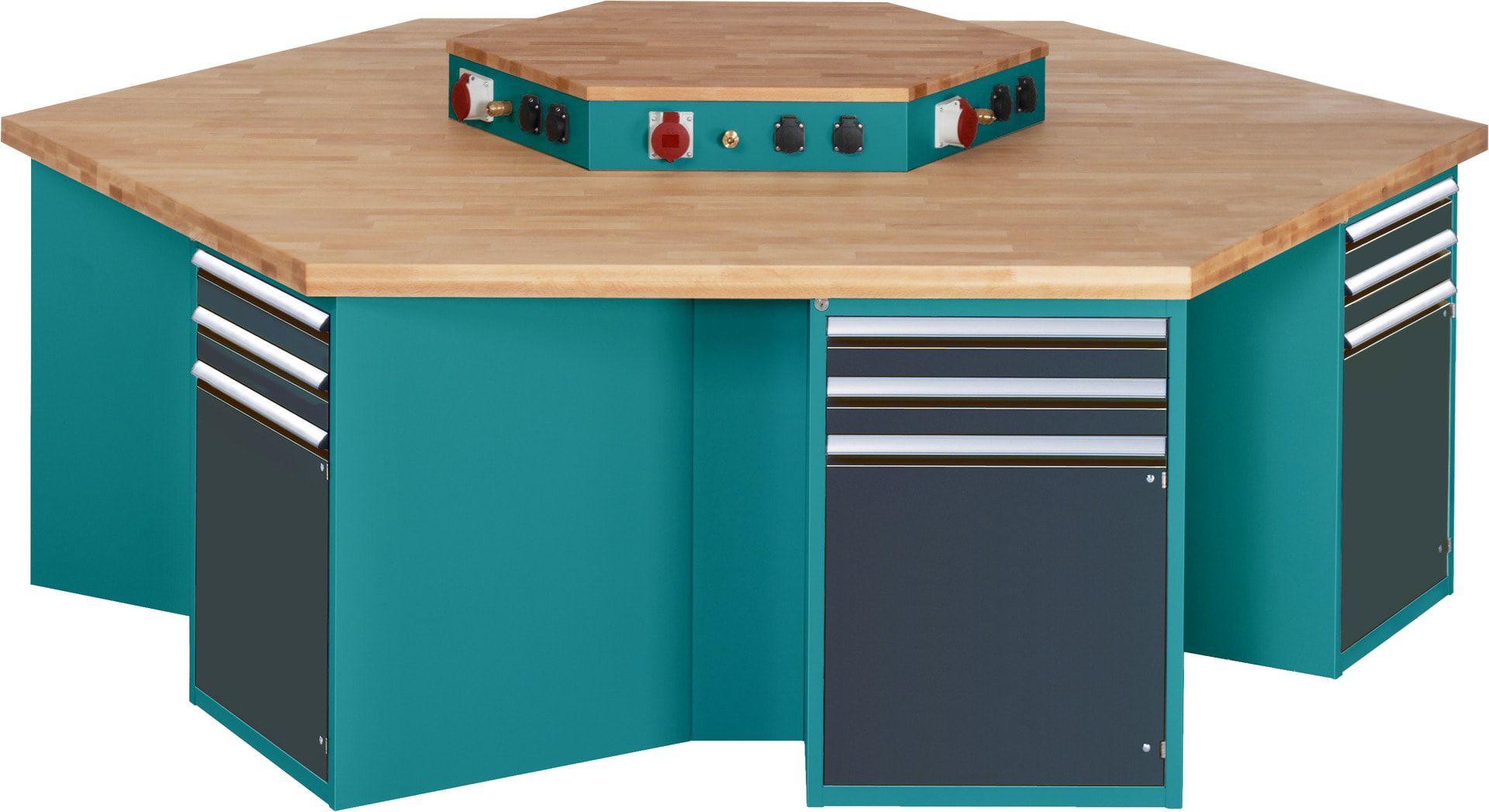 Gruppenwerkbank, Buche, Höhe 840 mm, mit Energieaufsatz, Unterbau-Container, 2 Schubladen, 1 Tür, 1 Boden - Anthrazitgrau