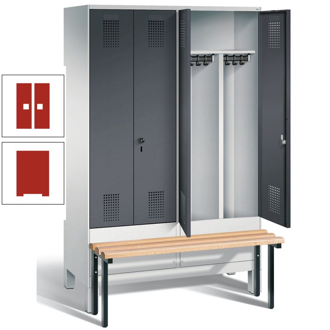 Doppel-Spind, Garderobenschrank, Buche Sitzbank vorgebaut, 4 Abteile a 300 mm, Korpus feuerrot, Tür Wasserblau, 1.850 x 1.200 x 815 mm (HxBxT)