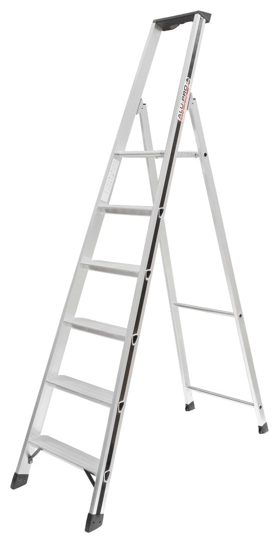 Aluminium Stufenstehleiter, Plattform, Rutschhemmung R11, Kunststoffablage, Eimerhaken, 1.390 x 415 mm (LxB), 3 Stufen, 4 kg, Stufentiefe 80 mm, Hymer