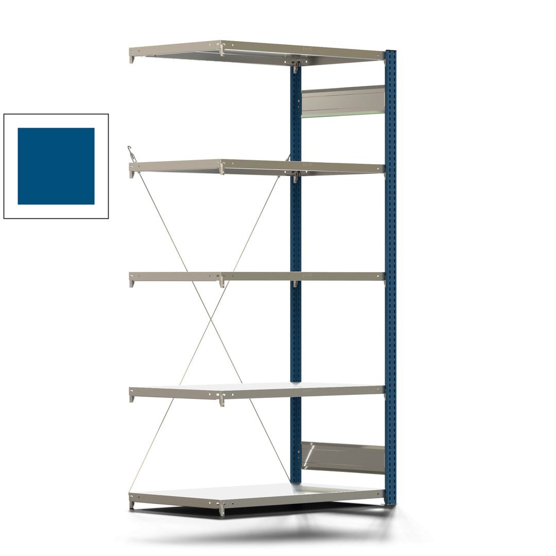 Fachbodenregal mit Tiefenriegel - 350 kg - 2.000 x 1.005 x 626 mm (HxBxT) - Anbauregal - 5 Böden - enzianblau - Lagerregal - Steckregal BERT