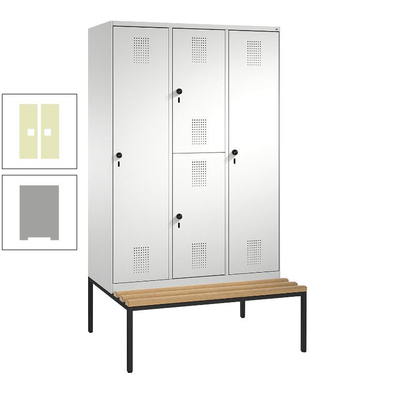 Garderobenschrank, Spind ein- und doppelstöckig Sitzbank, 3 Abteile, 4 Fächer, 2.090x1.200x500 mm (HxBxT), Front anthrazitgrau, Korpus anthrazitgrau