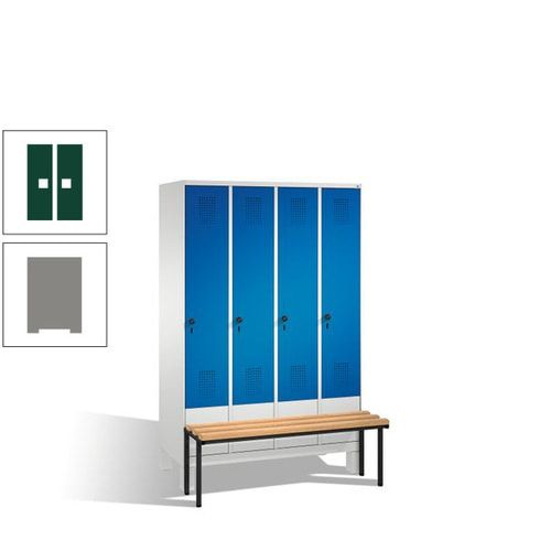 Stahl-Garderobenschrank, Spind, Buche Sitzbank vorgebaut, 4 Abteile a 300 mm, Korpus Lichtgrün, Tür Schwefelgelb, 1.850 x 1.200 x 815 mm (HxBxT)