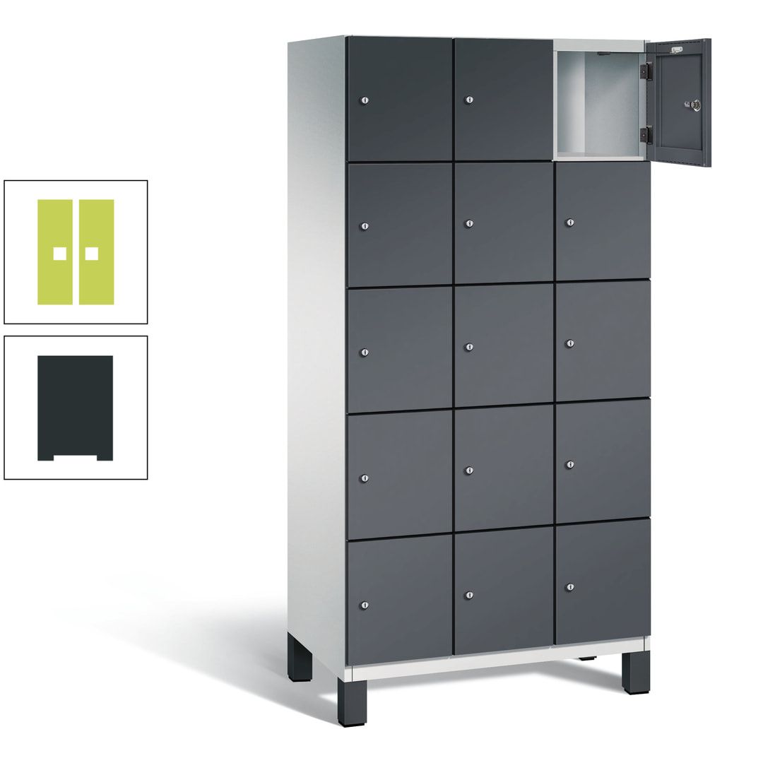 Fächerschrank, Stahlschrank, 15 Fächer, Türöffnungsbegrenzer, Füße, 1.980 x 900 x 525 mm (HxBxT), Korpus anthrazitgrau, Front anthrazitgrau