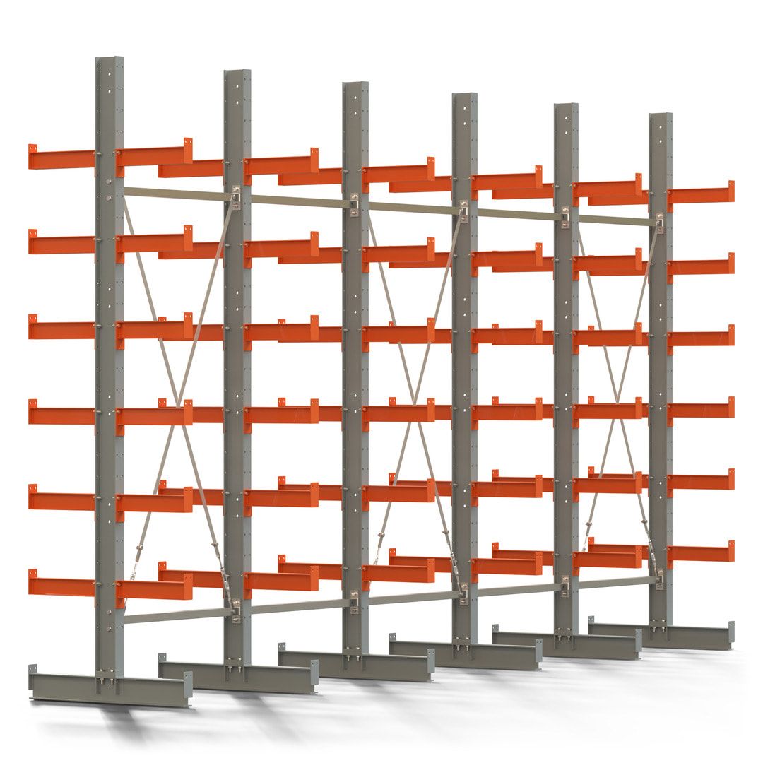 Doppelseitiges Kragarmregal, 2 Felder, 3.000 x 2.000 x 1.120 mm (HxBxT), Nutztiefe 500 mm, Kragarmlast 870 kg, KARL basic, silbergrau/reinorange