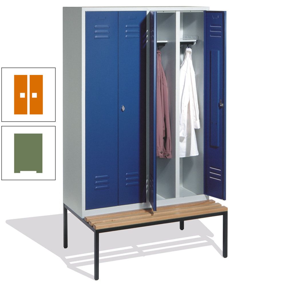 Doppel-Spindschrank, Buche Sitzbank untergebaut, 4 Abteile a 300 mm, Korpus lichtgrau, Tür anthrazitgrau, 2.090 x 1.190 x 815 mm (HxBxT)