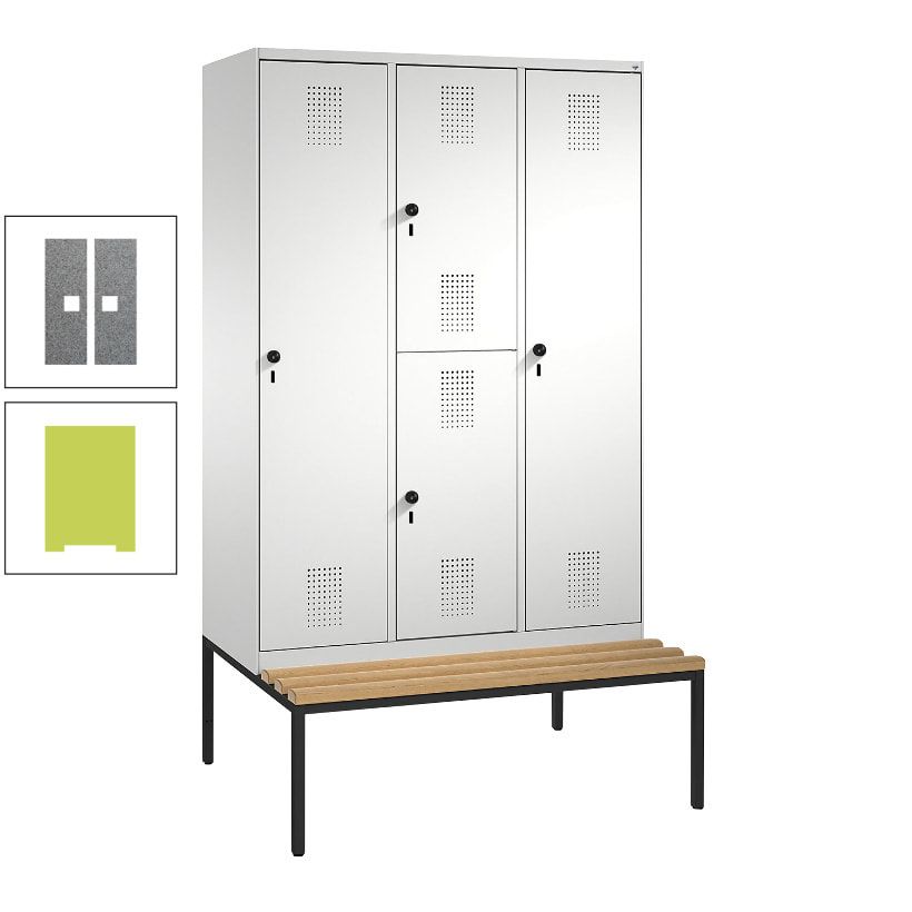 Garderobenschrank, Spind ein- und doppelstöckig Sitzbank, 3 Abteile, 4 Fächer, 2.090x1.200x500 mm (HxBxT), Front anthrazitgrau, Korpus anthrazitgrau