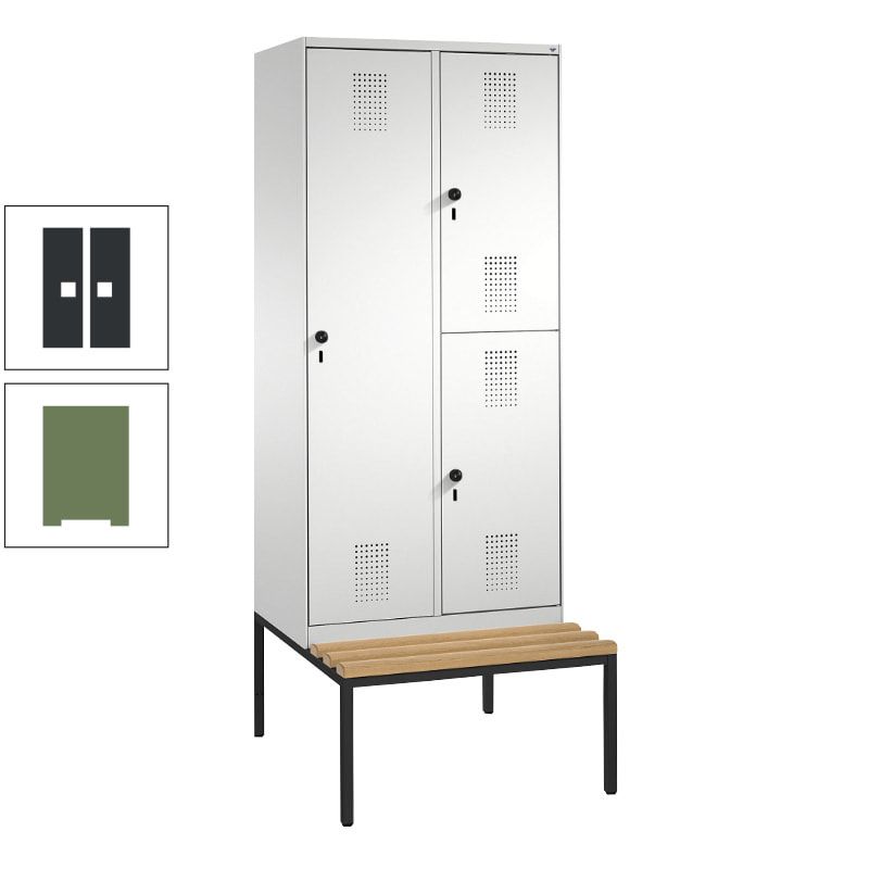 Garderobenschrank, Spind ein- und doppelstöckig Sitzbank, 2 Abteile, 3 Fächer, 2.090 x 800 x 500 mm (HxBxT), Front anthrazitgrau, Korpus anthrazitgrau