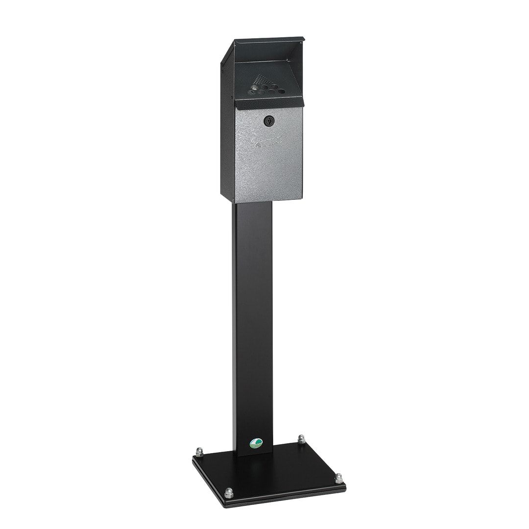 Standaschenbecher mit Schutzdach, 4 l Volumen, Standascher, 1.100 x 310 x 310 mm (HxBxT), Ascher, Turmaschenbecher, Antik-silber