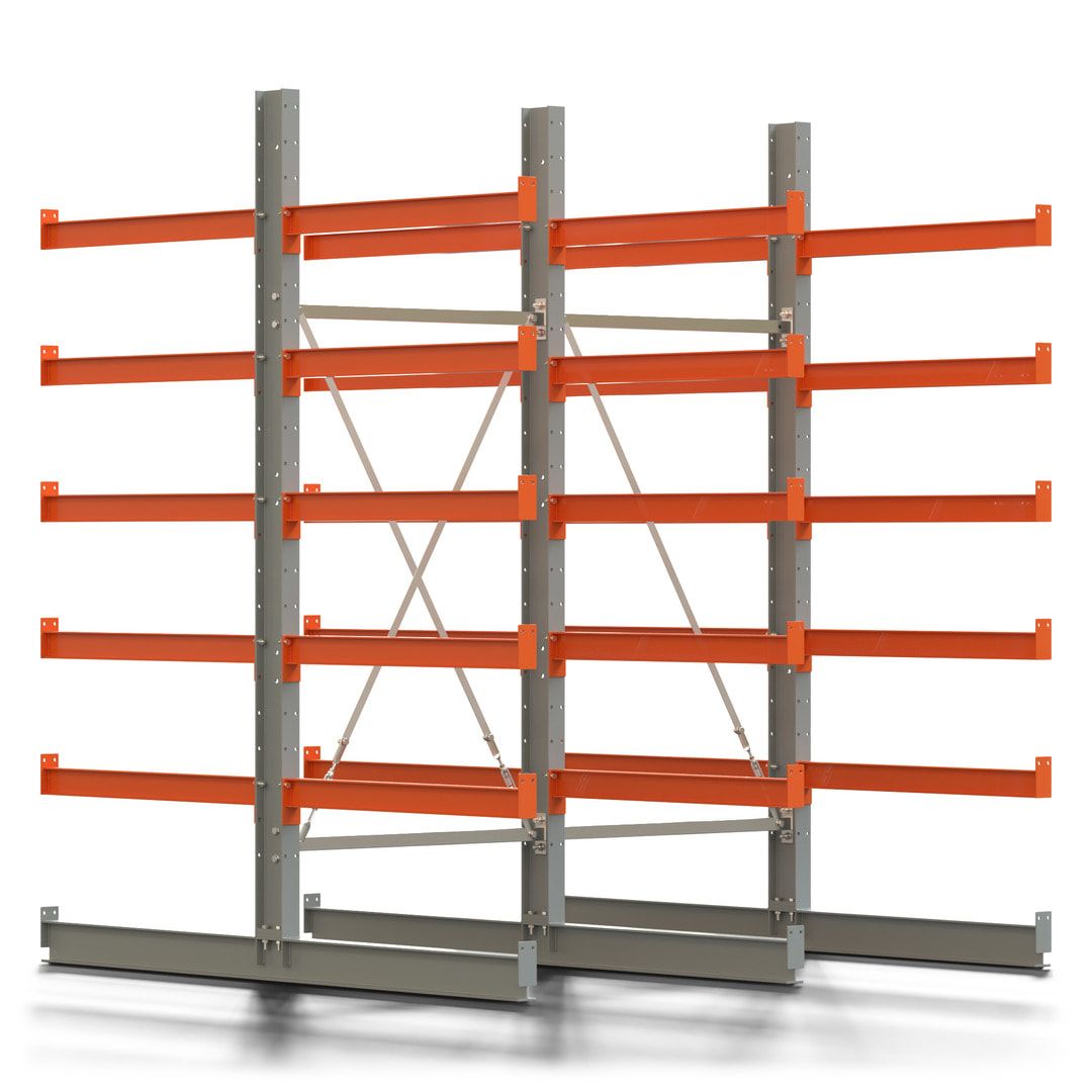 Doppelseitiges Kragarmregal, 2 Felder, 2.500 x 2.000 x 1.120 mm (HxBxT), Nutztiefe 500 mm, Kragarmlast 870 kg, KARL basic, silbergrau/reinorange