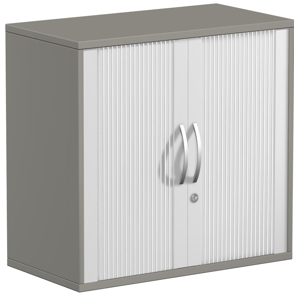 Querrollladenschrank, Dekoreinlageboden, Metallsockel/Standfüße, abschließbar, 768 x 1.000 x 425 mm (HxBxT), Korpusfarbe Ahorn, Frontfarbe silber