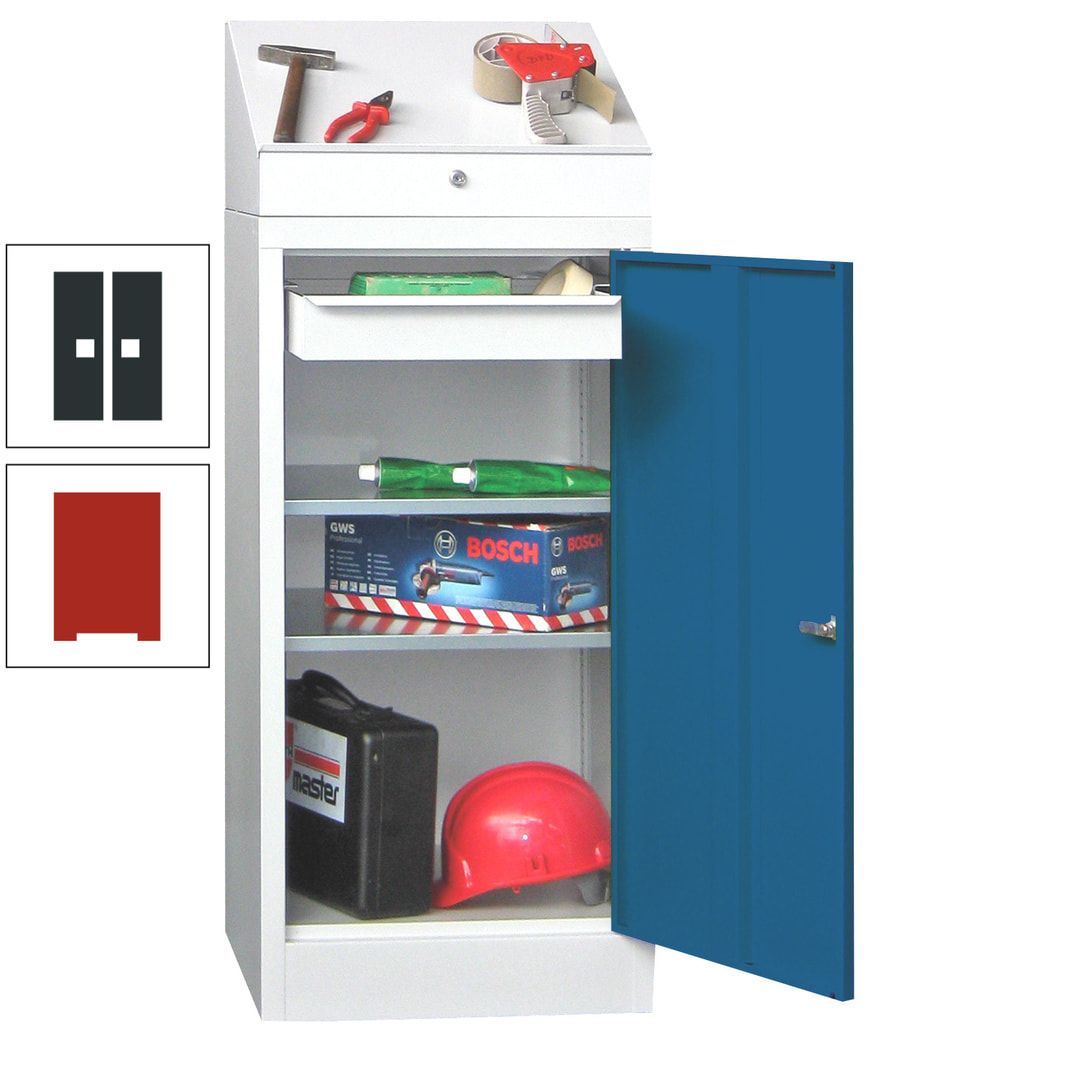 Stehpult mit Schrank - Vollblechtür - 1 Einlegeboden, 1 Ausziehboden, 1 Schublade - 1.270x500x500 mm (HxBxT) - anthrazitgrau