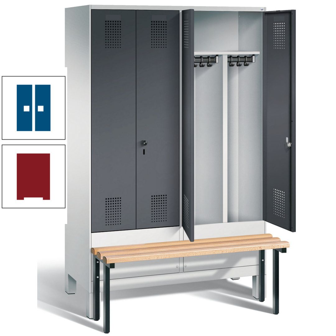 Doppel-Spind, Garderobenschrank, Buche Sitzbank vorgebaut, 4 Abteile a 300 mm, Korpus feuerrot, Tür Wasserblau, 1.850 x 1.200 x 815 mm (HxBxT)