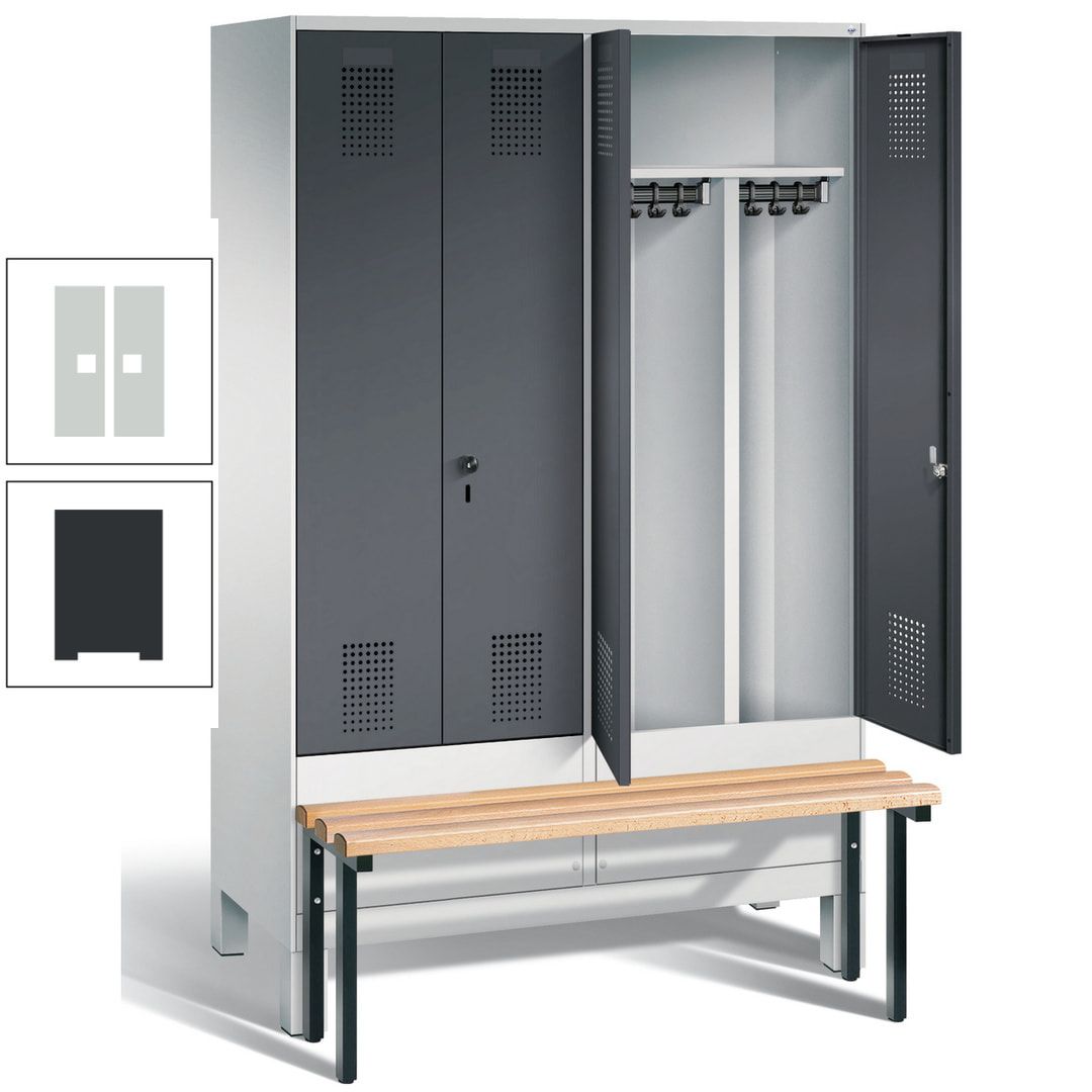 Doppel-Spind, Garderobenschrank, Buche Sitzbank vorgebaut, 4 Abteile a 300 mm, Korpus feuerrot, Tür Wasserblau, 1.850 x 1.200 x 815 mm (HxBxT)