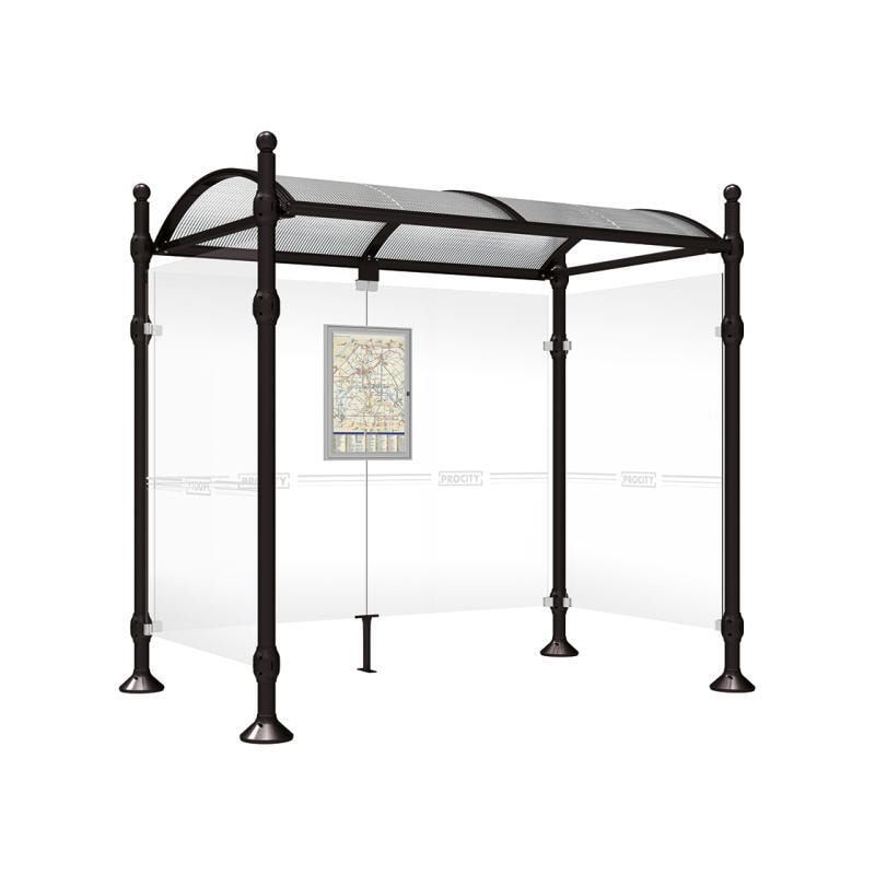 Buswartehalle, Unterstand, 2 Seitenwände, Kopf gebürsteter Edelstahl, ESG, Fahrplanschaukasten, 2.500 x 2.500 x 1.600 mm (HxBxT), Farbe enzianblau