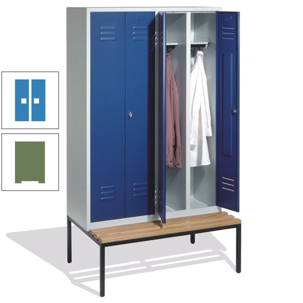Doppel-Spindschrank, Buche Sitzbank untergebaut, 4 Abteile a 300 mm, Korpus lichtgrau, Tür anthrazitgrau, 2.090 x 1.190 x 815 mm (HxBxT)