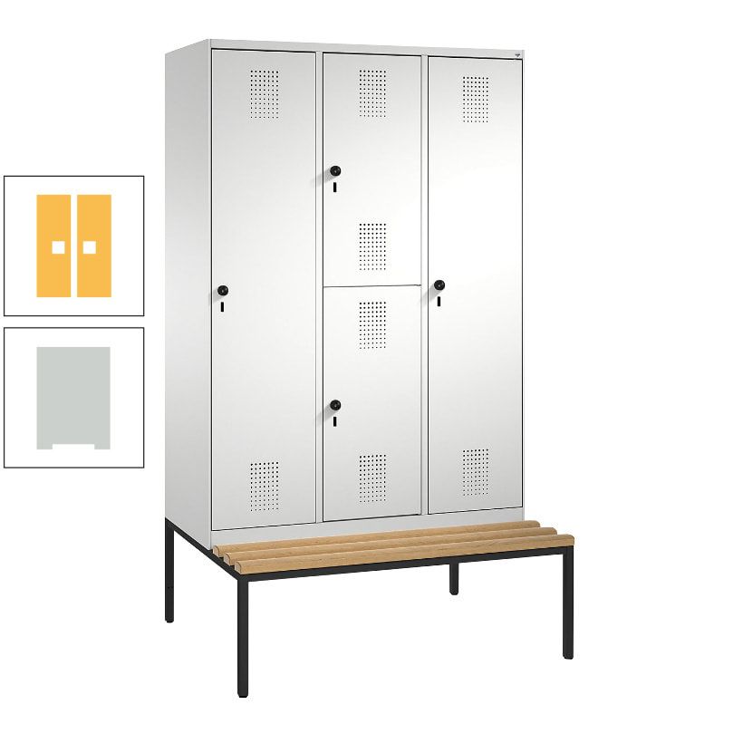 Garderobenschrank, Spind ein- und doppelstöckig Sitzbank, 3 Abteile, 4 Fächer, 2.090x1.200x500 mm (HxBxT), Front anthrazitgrau, Korpus anthrazitgrau