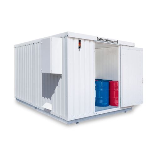 Isolierter Gefahrstoffcontainer - 2.510 x 4.050 x 4.340 mm (HxBxT) - Auffangvolumen 2 x 1.050 l - Lüftersteuerung - Doppelflügeltür kurze Seite