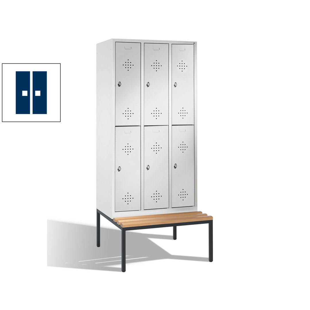 Garderobenschrank, Spind, 3 Abteile 6 Fächer, 2.090 x 1.200 x 815 mm (HxBxT), Hartholz Sitzbank untergebaut, Korpus anthrazitgrau, Türen anthrazitgrau