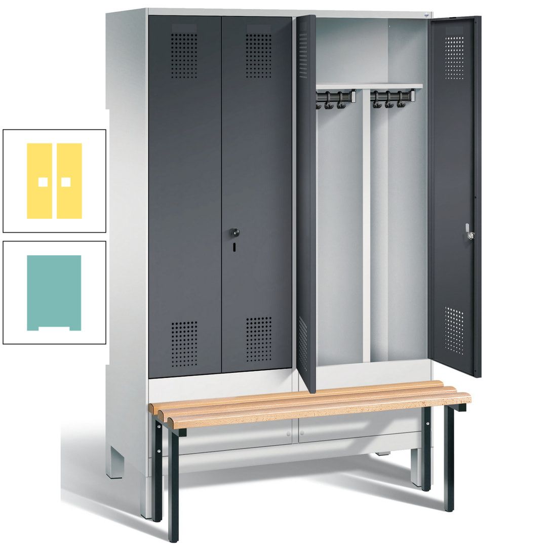 Doppel-Spind, Garderobenschrank, Buche Sitzbank vorgebaut, 4 Abteile a 300 mm, Korpus feuerrot, Tür Wasserblau, 1.850 x 1.200 x 815 mm (HxBxT)