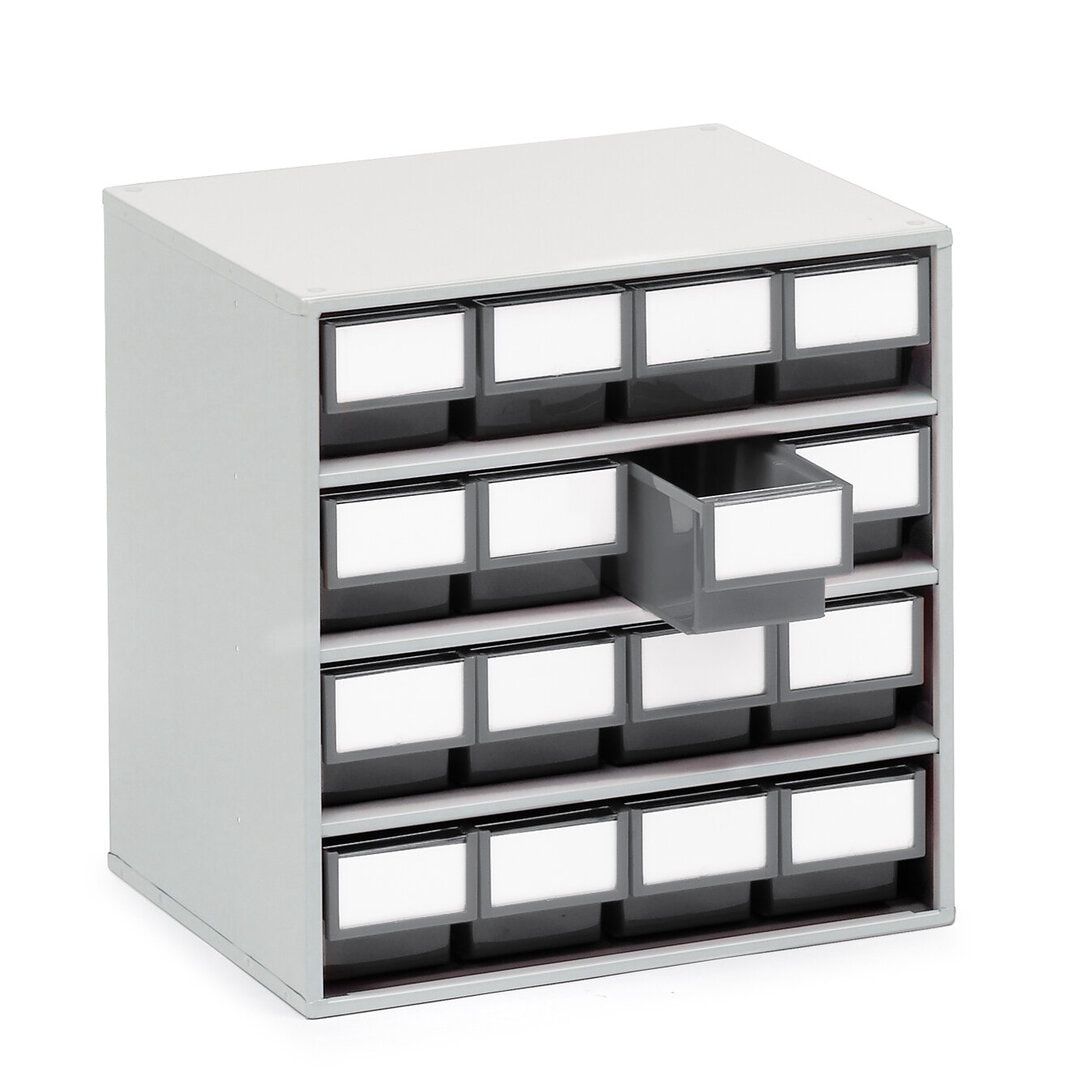 Schubladenmagazin, Magazin für Kleinteile, 16 Schubladen, 395 x 400 x 300 (HxBxT), Gehäusefarbe lichtgrau, Schubladenfarbe Betongrau