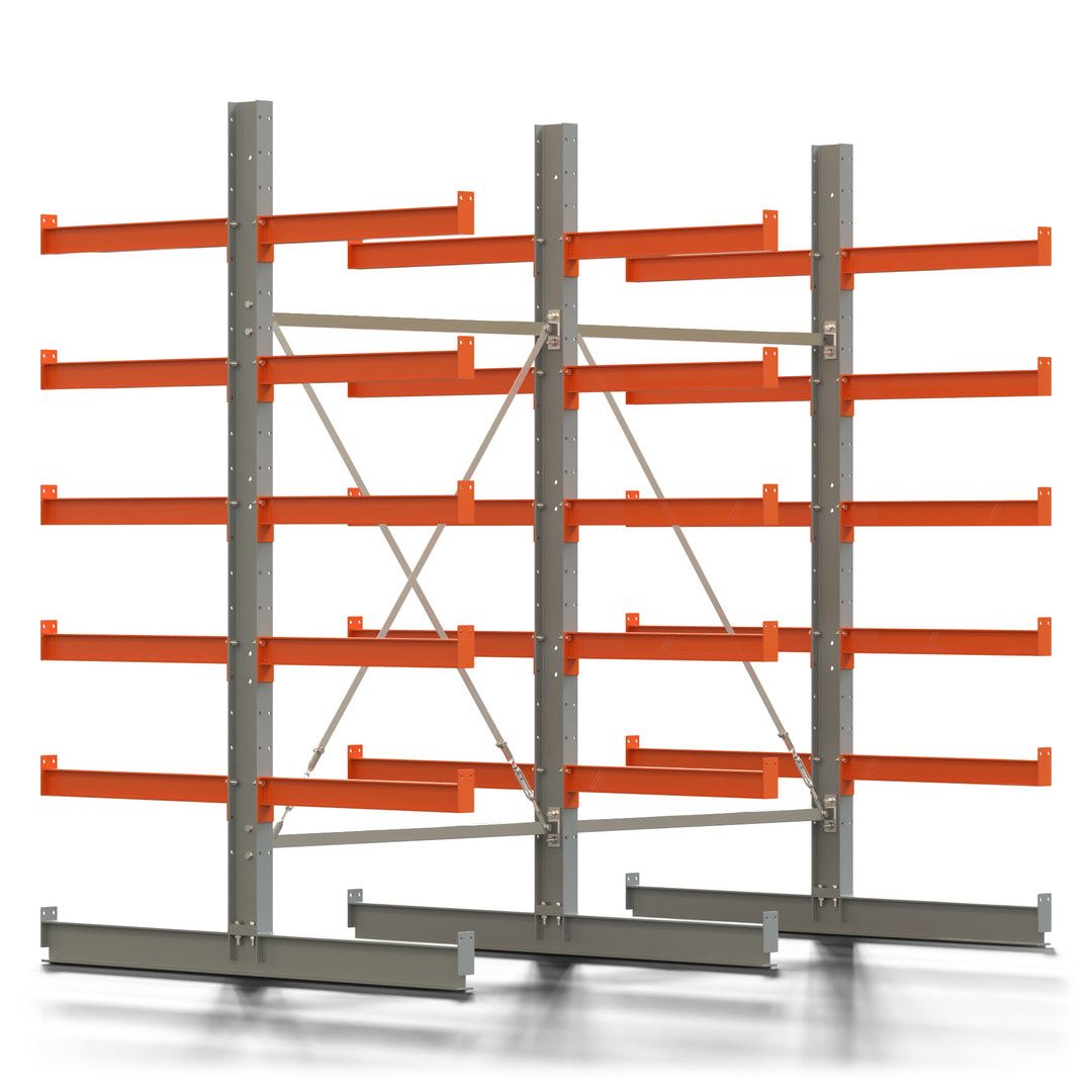 Doppelseitiges Kragarmregal, 2 Felder, 2.500 x 2.560 x 1.120 mm (HxBxT), Nutztiefe 500 mm, Kragarmlast 870 kg, KARL basic, silbergrau/reinorange