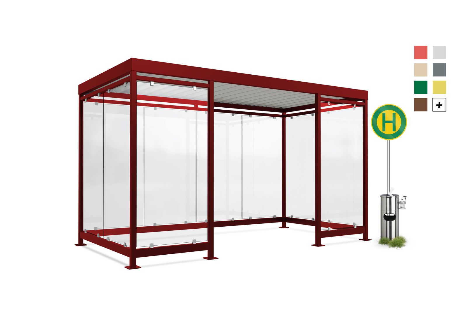Fahrgastunterstand, Raucherunterstand, geschweißt, Aufdübeln, 12-13 Personen, 2.440 x 4.195 x 2.165 mm (HxBxT), 10 Wände, braunrot