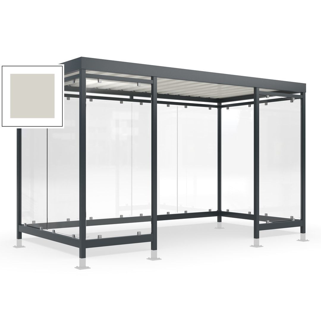 Raucherunterstand für 12-13 Personen, Bushaltestelle, mit Überpflasterung, 2.440 x 4.195 x 2.165 mm (HxBxT), 10 Wände, Achatgrau