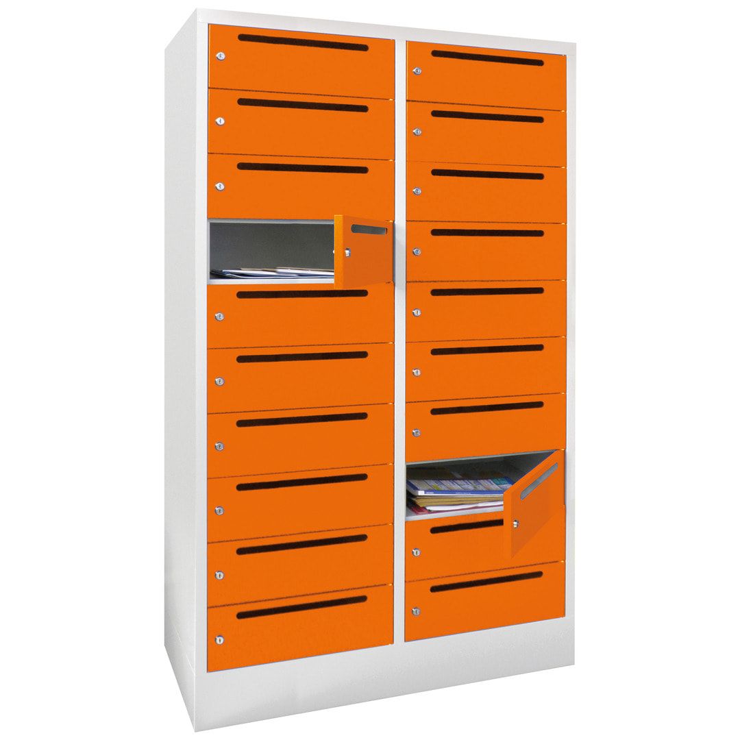 Postverteilerschrank, Schließfachschrank, 2 Abteile a 400 mm, 20 Fächer, 1.850 x 800 x 500 mm (HxBxT), Korpus anthrazitgrau, Front anthrazitgrau