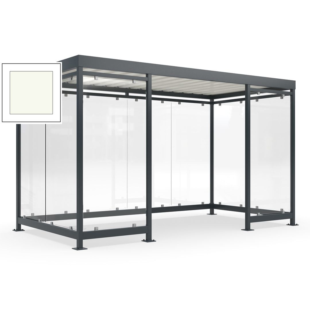 Fahrgastunterstand, Raucherunterstand, fertig montiert, Aufdübeln, 12-13 Personen, 2.510 x 4.195 x 2.165 mm (HxBxT), 10 Wände, Achatgrau