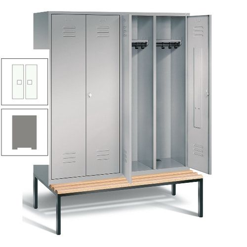 Doppel-Spindschrank, Buche Sitzbank untergebaut, 4 Abteile a 400 mm, Korpus lichtgrau, Tür anthrazitgrau, 2.090 x 1.590 x 815 mm (HxBxT)