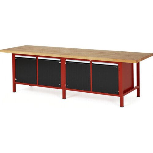 Werkbank mit 4 Schränken - höhenverstellbar 840-1.040 mm - 3.000 x 900 mm (BxT) - Traglast 1.250 kg - Buche - Anthrazitgrau