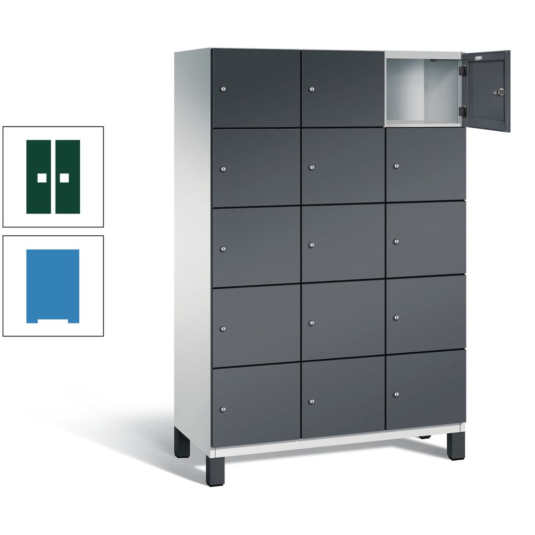 Fächerschrank, Stahlschrank, 15 Fächer, Türöffnungsbegrenzer, Füße, 1.980 x 1.200 x 525 mm (HxBxT), Korpus anthrazitgrau, Front anthrazitgrau